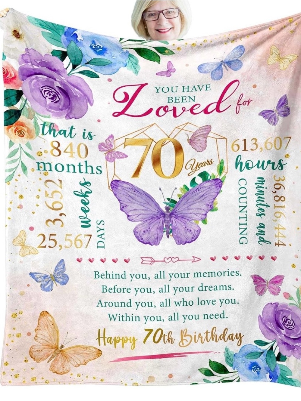 70th Birthday Floral Butterfly Throw Blanket - Purple & Gold